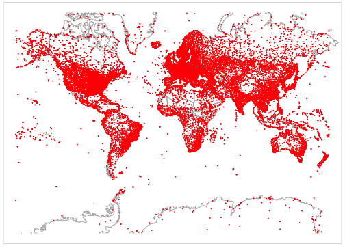 GSOD Station Locations. Data comes from US NCEI GSOD and CIA World DataBank II