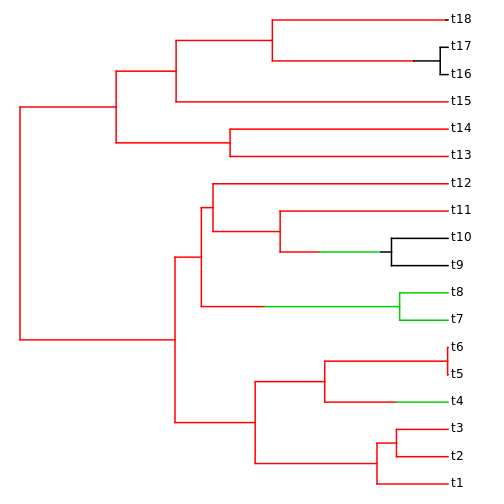 Stochastic character mapping on a phylogeny, as generated by the phytools package after parsing the simmap-extended NeXML.