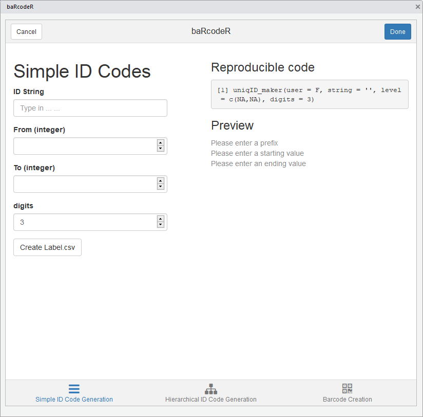 Screenshot of the simple ID Code tab