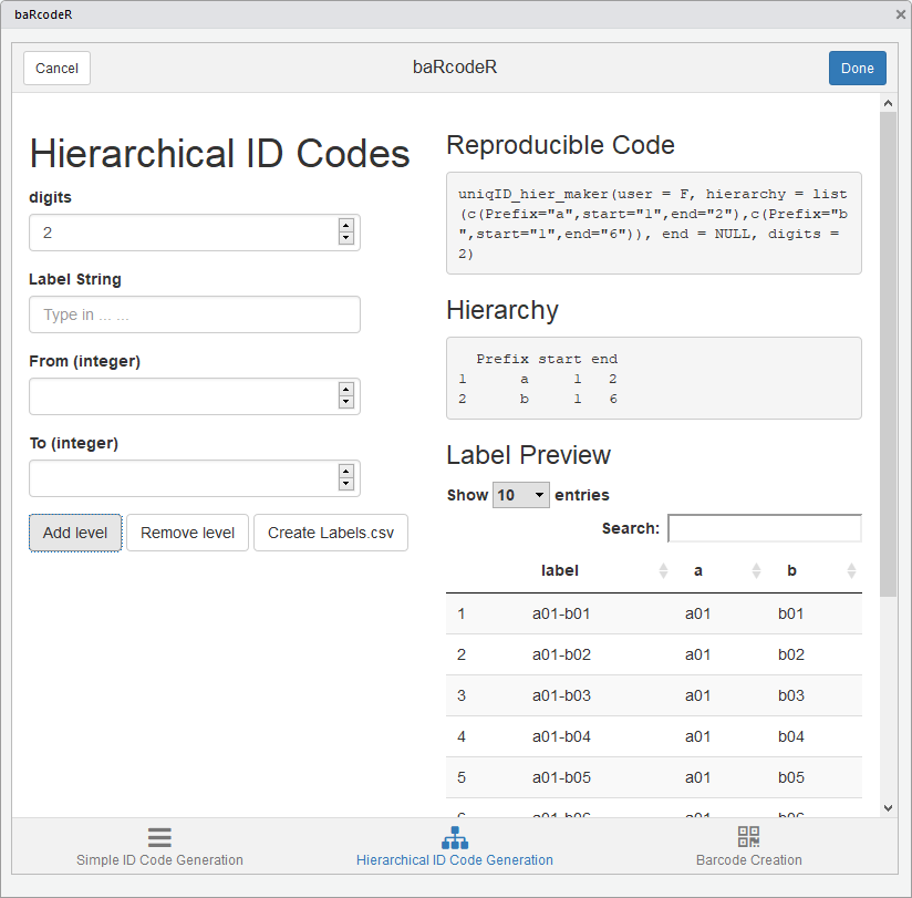 Screenshot of the hierarchical ID code tab