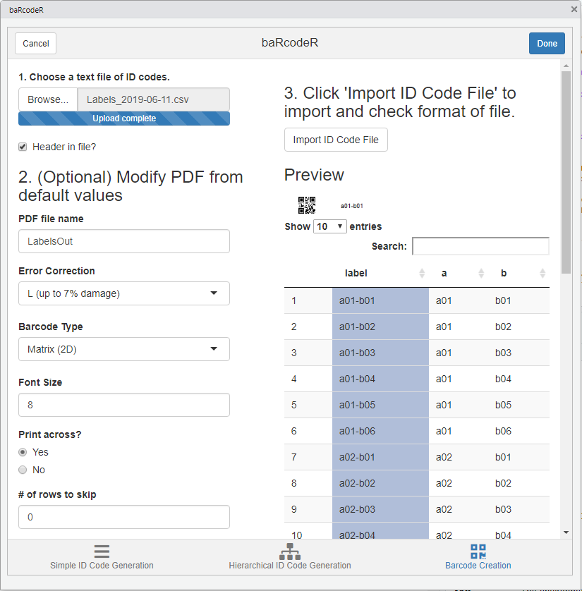 Screenshot of Column Selection