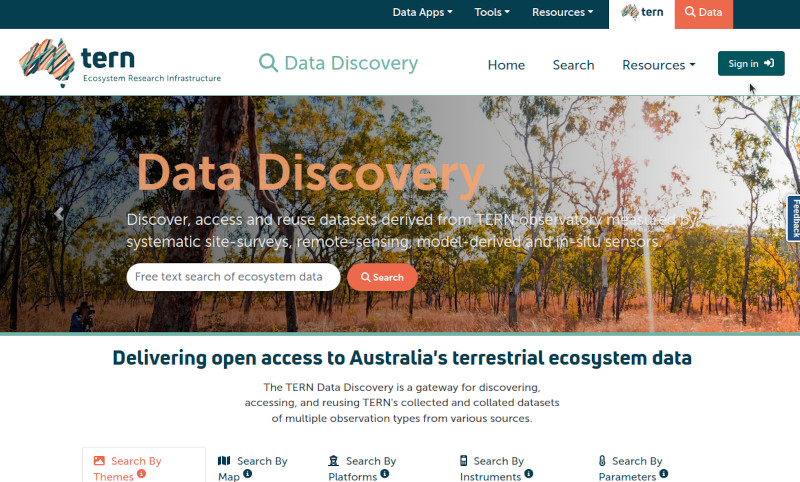 The TERN Data Discovery home page, with the Sign in button at the top right.