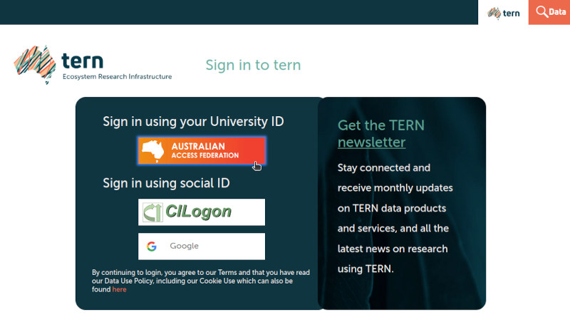 The TERN sign-in page, with the Australian Access Federation, CILogon and Google sign-in options.