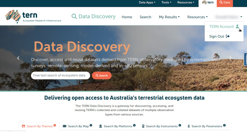 The user menu at the top right of the Data Discovery page, open at the TERN Account entry.