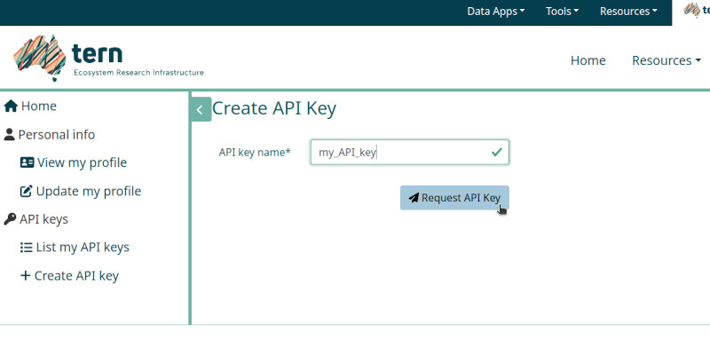The Create API Key form, with the key name my_API_key entered above the Request API Key button.