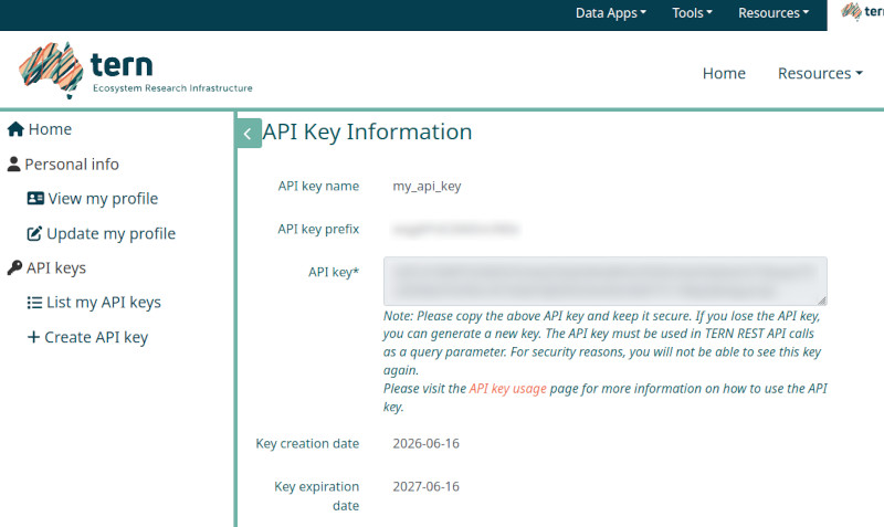 The API Key Information page, showing the new key (blurred) and its creation and expiry dates.