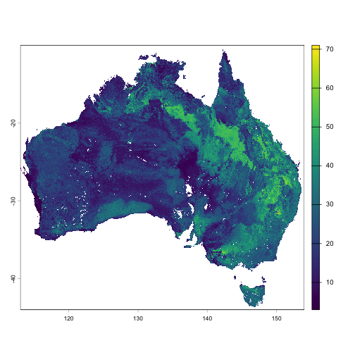A plot of the soil clay content (%) at a 30-60cm soil depth.