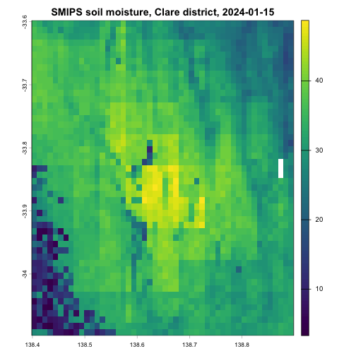 A map of SMIPS total soil moisture (mm) around Clare, South Australia, on 2024-01-15, ranging from below 10 mm in the south-west to about 45 mm in the centre.