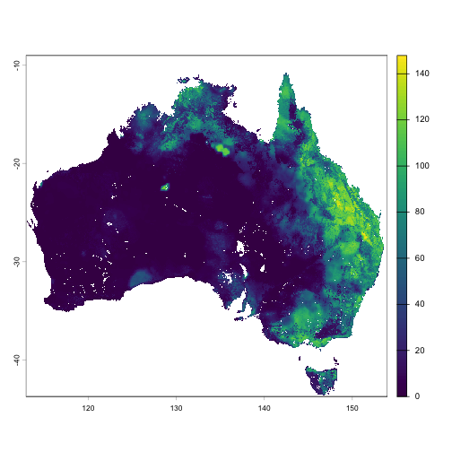 A map of SMIPS total soil moisture (mm) across Australia on 2024-01-01.