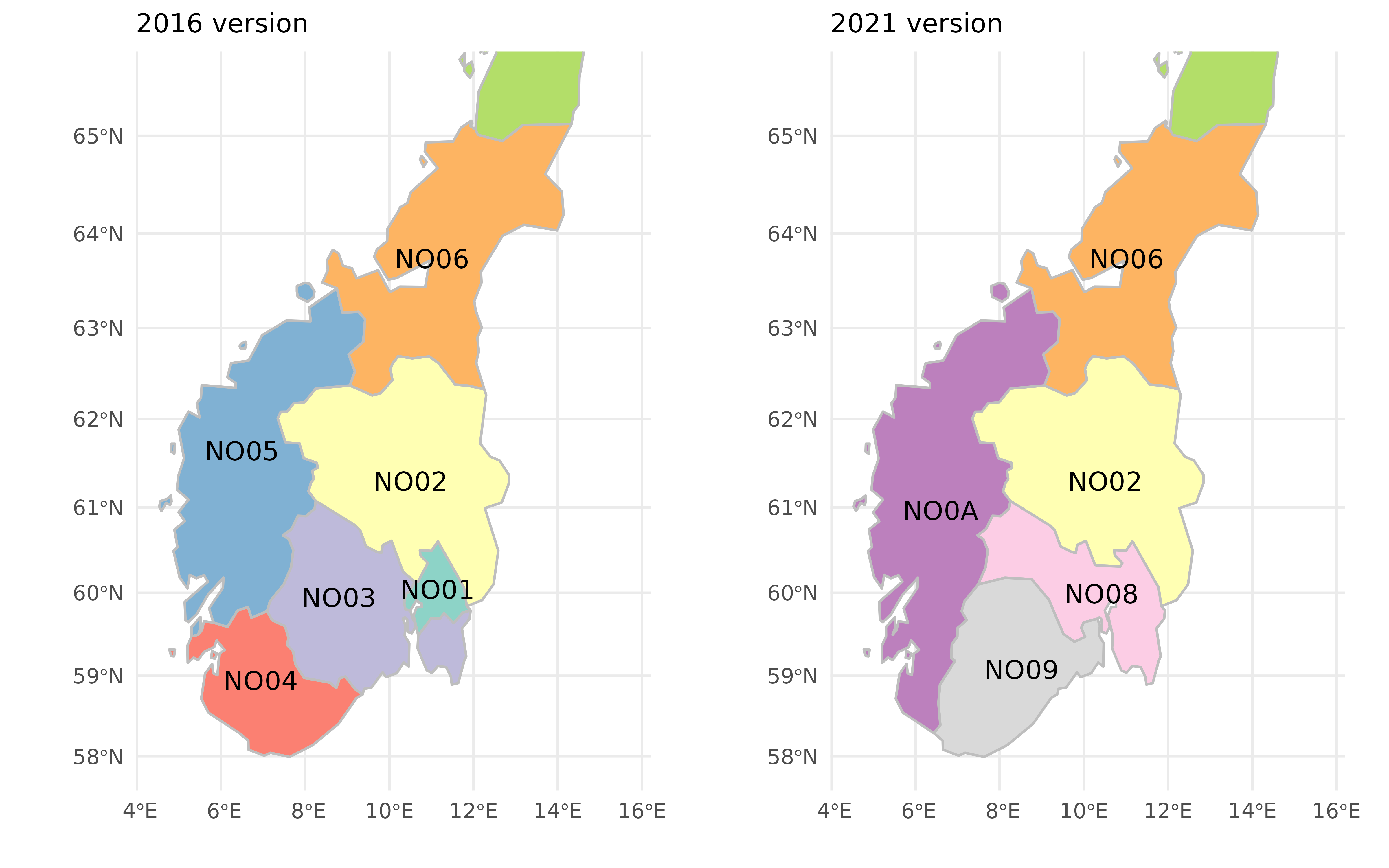 Two maps of Norwegian NUTS-2 regions in version 2016 and 2021. The most Eastern and Southern regions have been affected most by administrative redistricting.