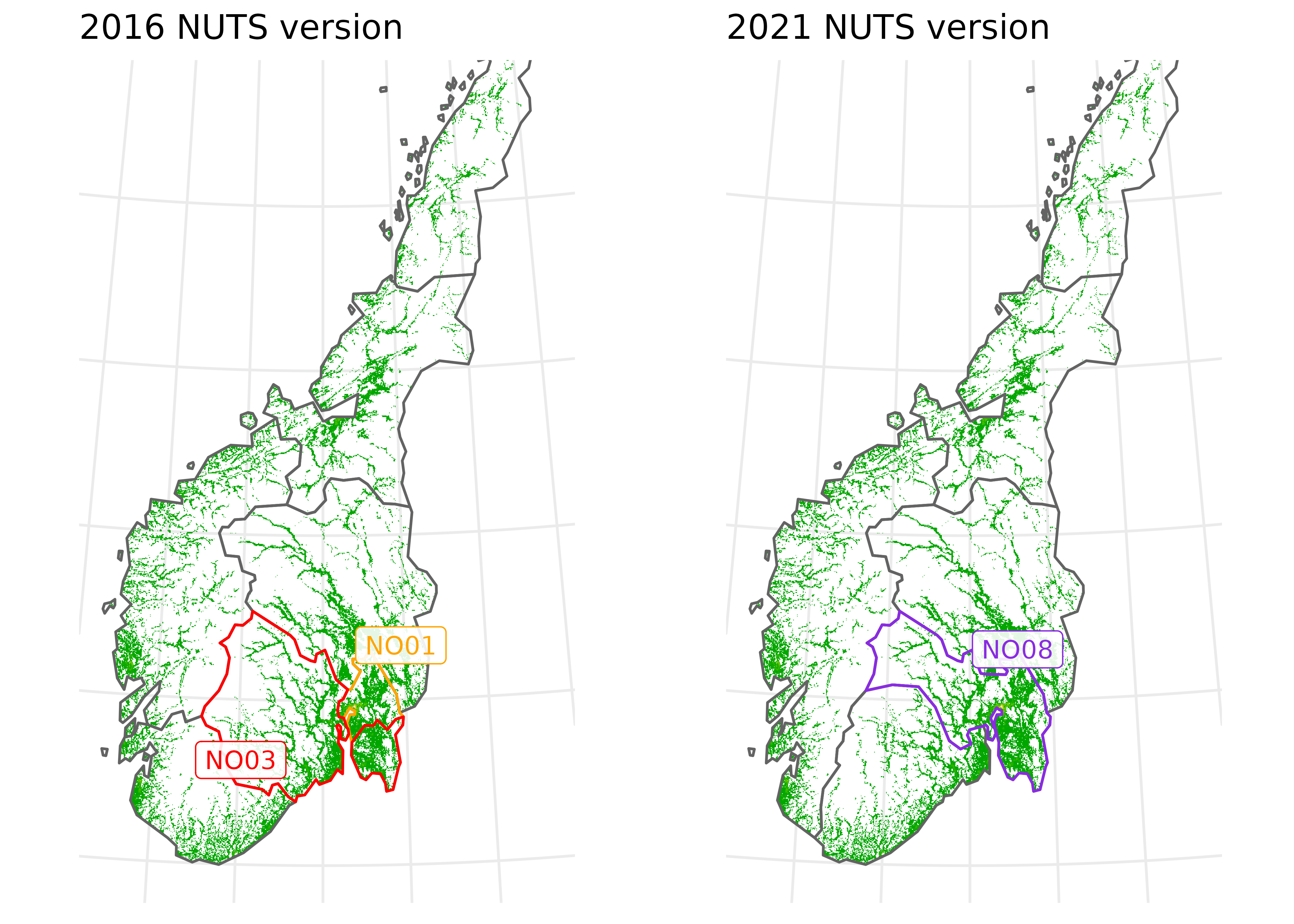 Two maps of Southern Norway with very granular population density and administrative boundaries of the 2016 and 2021 NUTS version. The region with the capital Olso and its adjacent region are highlighted in version 2016 that both contribute to a larger single region in version 2021.