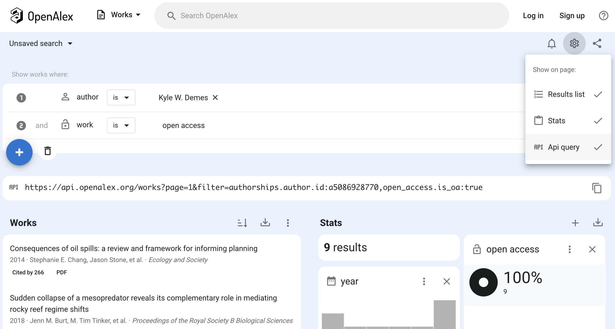 Screenshot of OpenAlex web interface for generating API query URLs