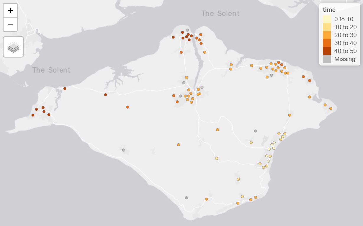 \label{fig:ttimes}Travel times to LSOA points