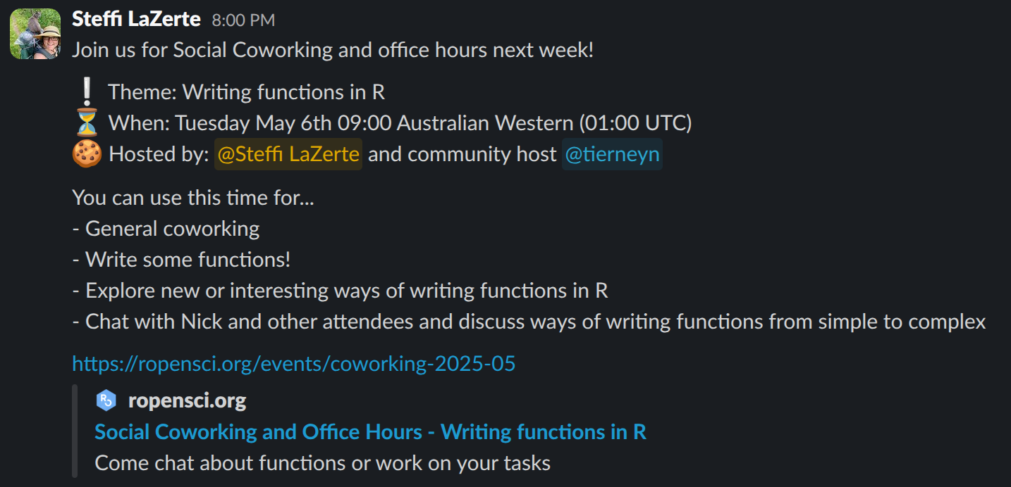 Screenshot of an example Slack message authored by Steffi